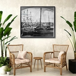«Whaling Port, New Bedford» в интерьере комнаты в стиле ретро с плетеными креслами