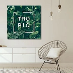 «Тропические листья 4» в интерьере белой комнаты в скандинавском стиле над комодом