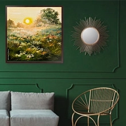 «Восход солнца в поле» в интерьере классической гостиной с зеленой стеной над диваном