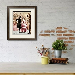 «Enthusiastic polka  dancers by C. Vernier entitled 'La Polka'.  France 19th century» в интерьере кабинета с кирпичными стенами над письменным столом