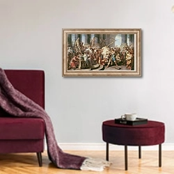 «Theseus conquering the bull at Marathon, 1732-34» в интерьере гостиной в бордовых тонах