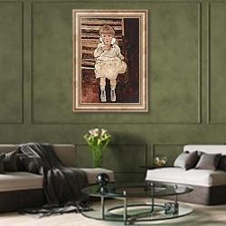 «Сидящий ребенок» в интерьере гостиной в оливковых тонах