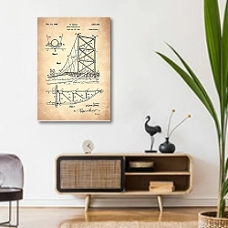 «Патент на конструкцию моста, 1940г» в интерьере комнаты в стиле ретро над тумбой