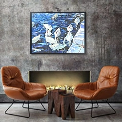 «Swans, 2000» в интерьере гостиной в стиле лофт над диваном