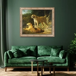 «A Tiger and Tigress at the Exeter 'Change Menagerie in 1808, 1808» в интерьере зеленой гостиной над диваном