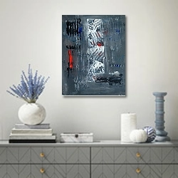 «Серая абстракция с белыми мазками» в интерьере современной гостиной с голубыми деталями