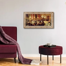 «Concert in the Galerie des Guise at Chateau d'Eu, 4th September 1843, 1844» в интерьере гостиной в бордовых тонах