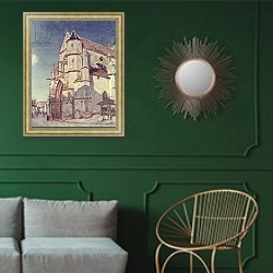 «The Church at Moret, 1894» в интерьере классической гостиной с зеленой стеной над диваном