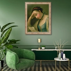 «Portrait of a Woman 4» в интерьере гостиной в зеленых тонах