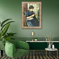 «Girl Knitting» в интерьере гостиной в зеленых тонах