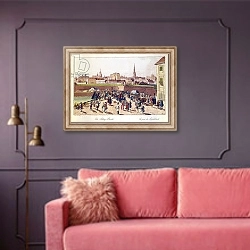 «The Bridge at Leopoldstadt, Vienna, 1780» в интерьере гостиной с розовым диваном