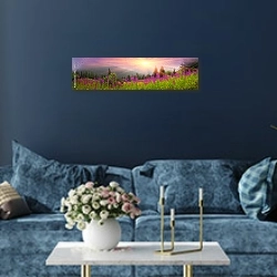 «Поле Иван-чая на закате» в интерьере стильной синей гостиной над диваном