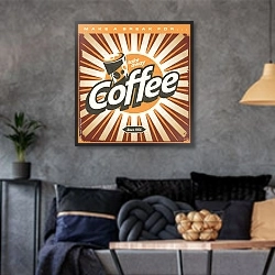 «Ретро постер для кофейни» в интерьере гостиной в стиле лофт в серых тонах