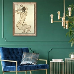 «A Crouching Nude, 1915» в интерьере в классическом стиле с зеленой стеной