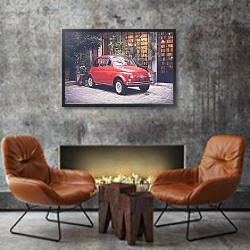«Маленький красный ретро-автомобиль на улице» в интерьере в стиле лофт с бетонной стеной над камином