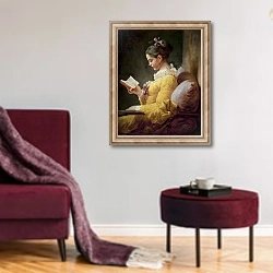 «Young Girl Reading, c.1770» в интерьере гостиной в бордовых тонах