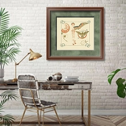 «Abstract design based on flowers, angels, birds, beetles.» в интерьере кабинета с кирпичными стенами над столом