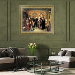 «В мастерской художника. 1865» в интерьере гостиной в оливковых тонах