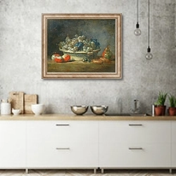 «Still life: grape basket with three apples, a pear and two marzipans, 1764» в интерьере современной кухни над раковиной