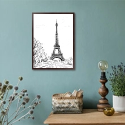 «Париж в Ч/Б рисунках #40» в интерьере в стиле ретро с бирюзовыми стенами