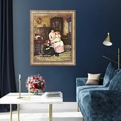 «Mother playing with children in an interior» в интерьере в классическом стиле в синих тонах