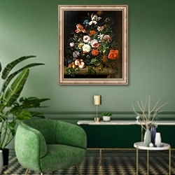 «Still life with flowers 2» в интерьере гостиной в зеленых тонах