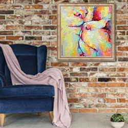 ««Куник»  Концептуальная абстрактная картина поцелуев кошек» в интерьере в стиле лофт с кирпичной стеной и синим креслом
