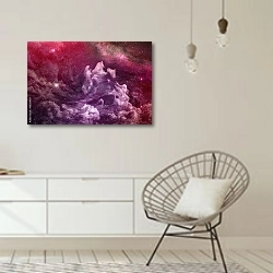 «Фиолетовая туманность в глубоком космосе» в интерьере белой комнаты в скандинавском стиле над комодом