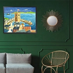 «St. Ives 2» в интерьере классической гостиной с зеленой стеной над диваном