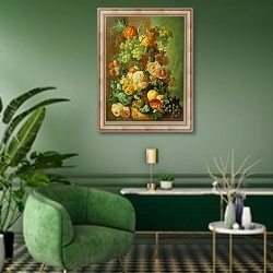 «Still Life with Fruit and Flowers» в интерьере гостиной в зеленых тонах
