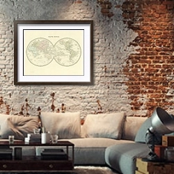 «Карта мира в виде полушарий, 1863 г.» в интерьере гостиной в стиле лофт с кирпичной стеной