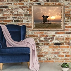 «Слон и собака на летнем пляже» в интерьере в стиле лофт с кирпичной стеной и синим креслом