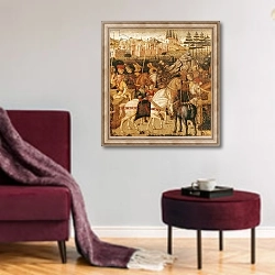 «The Triumph of Julius Caesar» в интерьере гостиной в бордовых тонах