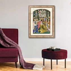 «The Sovereigns of Europe Worshipping St George, late 15th century» в интерьере гостиной в бордовых тонах