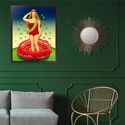 «Flora, 2000» в интерьере классической гостиной с зеленой стеной над диваном