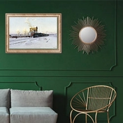 «На полустанке. Зимнее утро на Уральской железной дороге. 1891» в интерьере классической гостиной с зеленой стеной над диваном