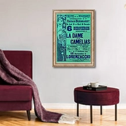 «Poster advertising 'La Dame aux Camelias' by Alexandre Dumas, and 'Lorenzaccio' by Alfred de Musset, starring Sarah Bernhardt, Theatre du Renaissance, Paris, 1897» в интерьере гостиной в бордовых тонах