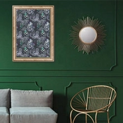 «Gheko Jungle» в интерьере классической гостиной с зеленой стеной над диваном