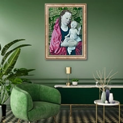 «Дева Мария с младенцем 17» в интерьере гостиной в зеленых тонах