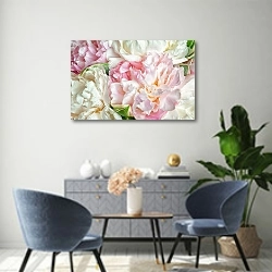 «Пионовое цветение» в интерьере современной гостиной над комодом