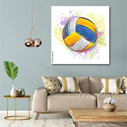 «Волейбольный мяч в брызгах краски» в интерьере современной гостиной с голубыми стенами