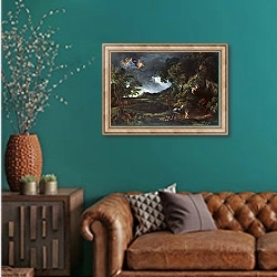 «Пейзаж с единением Дидо и Энея» в интерьере гостиной с зеленой стеной над диваном