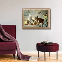 «The Glory of Spain I, from the Ceiling of the Throne Room, 1764» в интерьере гостиной в бордовых тонах