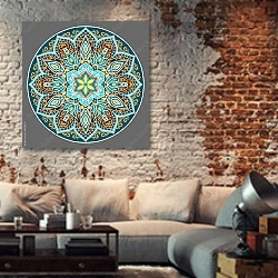 «Цветочная мандала в бирюзовых тонах» в интерьере гостиной в стиле лофт с кирпичной стеной