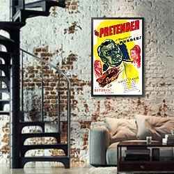 «Film Noir Poster - Pretender, The» в интерьере двухярусной гостиной в стиле лофт с кирпичной стеной
