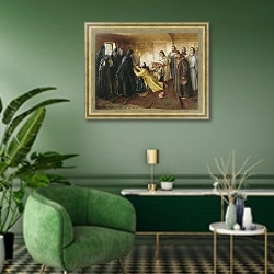 «Царь Иван Грозный просит игумена Корнилия постричь его в монахи» в интерьере гостиной в зеленых тонах