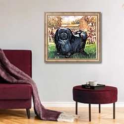 «Black Knight. The Pekinese dog owned by artist Sir Alfred Munnings.» в интерьере гостиной в бордовых тонах