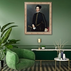 «Портрет джентельмена 2» в интерьере гостиной в зеленых тонах
