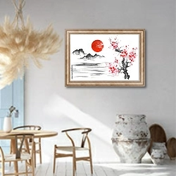 «Японский традиционный пейзаж с горой и сакурой» в интерьере столовой в этническом стиле