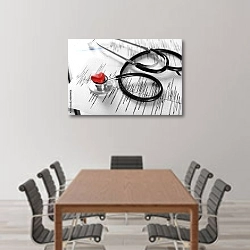 «Кардиограмма с медицинским стетоскопом и красное сердце на столе» в интерьере конференц-зала над столом для переговоров